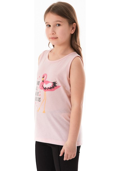 %100 Pamuk Flamingo Baskılı Kolsuz Kız Çocuk Tişört