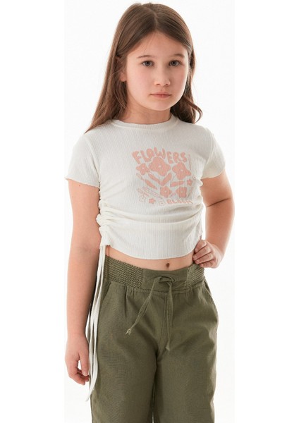 Yazı Baskılı Yanları Büzgülü Kız Çocuk Tişört fiyatları