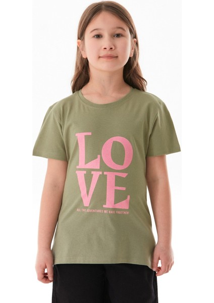 %100 Pamuk Simli Love Yazı Baskılı Kız Çocuk Tişört