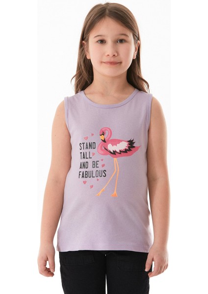 %100 Pamuk Flamingo Baskılı Kolsuz Kız Çocuk Tişört