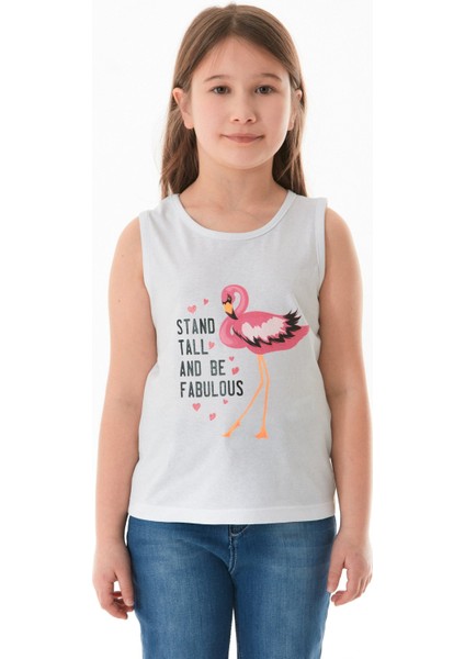 %100 Pamuk Flamingo Baskılı Kolsuz Kız Çocuk Tişört