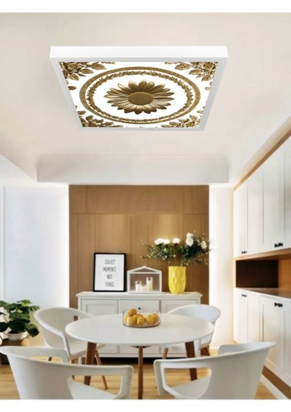 Papatya Baskılı , Gold Baskı LED Ev Avize, 60 x 60 LED Armatür, 60WATT, Lüks LED Panel Armatür, 6400K,
