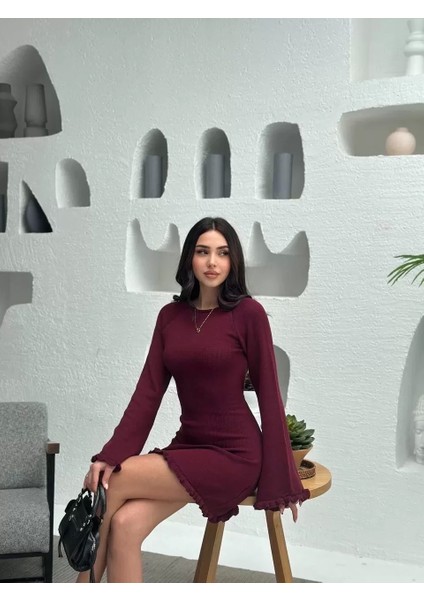 Sırt Pencereli Mini Triko Elbise - Bordo