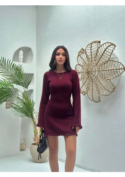 Sırt Pencereli Mini Triko Elbise - Bordo