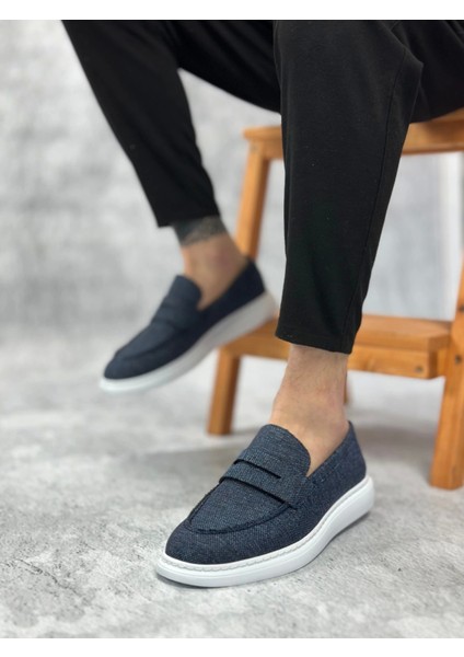 BA0355 Bağcıksız Keten Lacivert Klasik Corcik Erkek Ayakkabı