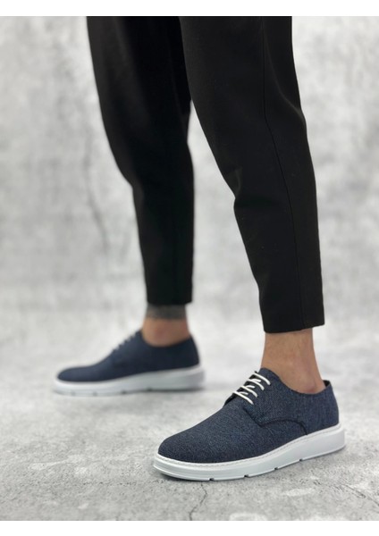 BA0003 Bağcıklı Klasik Spor Keten Lacivert Beyaz Taban Casual Erkek Ayakkabı