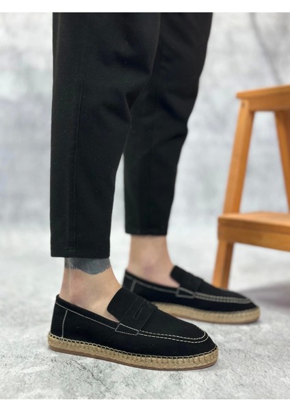 BA0359 Boa Doğal Deri Tozu Bağcıksız Kauçuk El Yapımı Espadril Taban Siyah Renk Erkek Ayakkabı