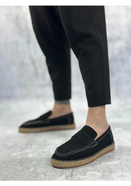 BA0359 Boa Doğal Deri Tozu Bağcıksız Kauçuk El Yapımı Espadril Taban Siyah Renk Erkek Ayakkabı