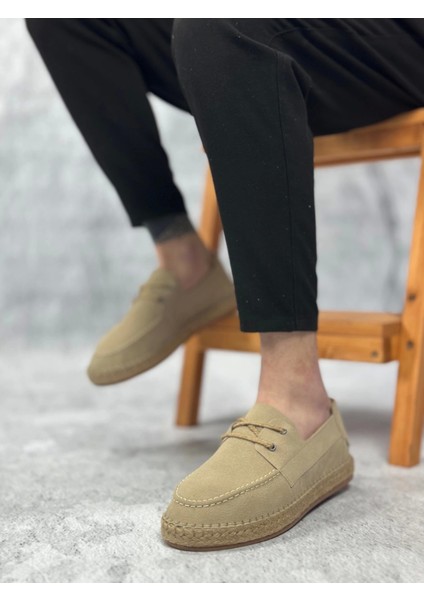 BA0358 Boa Doğal Deri Tozu Bağcıklı Kauçuk El Yapımı Espadril Taban Bej Renk Erkek Ayakkabı