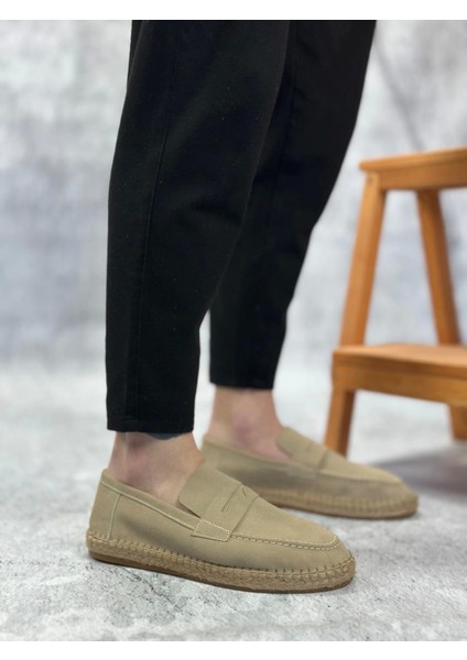 BA0359 Boa Doğal Deri Tozu Bağcıksız Kauçuk El Yapımı Espadril Taban Krem Renk Erkek Ayakkabı
