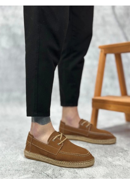 BA0358 Boa Doğal Deri Tozu Bağcıklı Kauçuk El Yapımı Espadril Taban Taba Renk Erkek Ayakkabı
