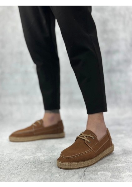 BA0358 Boa Doğal Deri Tozu Bağcıklı Kauçuk El Yapımı Espadril Taban Taba Renk Erkek Ayakkabı