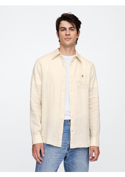Erkek Bej %100 Keten Gömlek