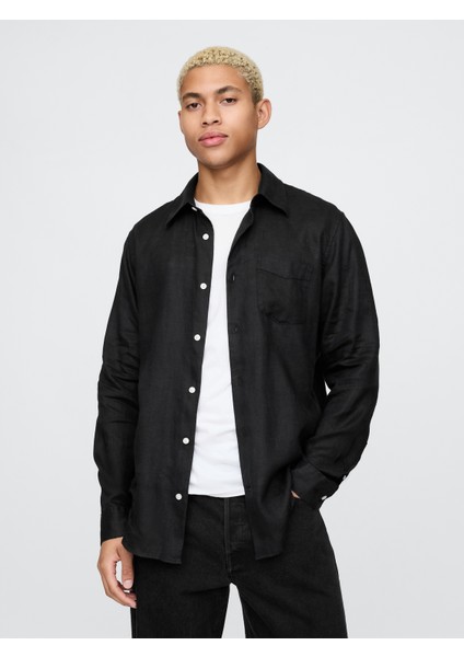 Erkek Siyah %100 Keten Klasik Gömlek
