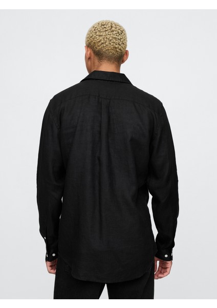 Erkek Siyah %100 Keten Klasik Gömlek fırsatları