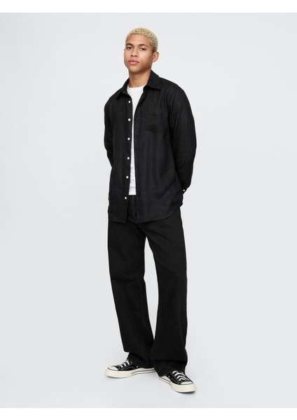 Erkek Siyah %100 Keten Klasik Gömlek indirimleri
