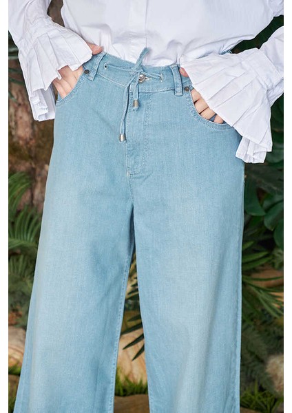 1123-DENIM Bağcıklı Bol Paça Pantolon Açık Mavi fiyatları