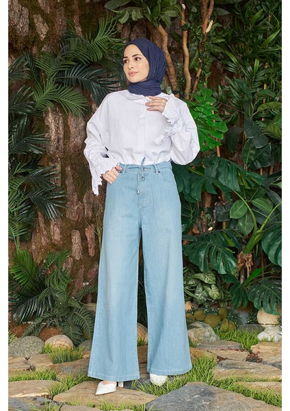 1123-DENIM Bağcıklı Bol Paça Pantolon Açık Mavi indirimleri