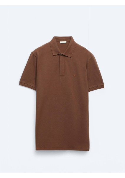 Kahverengi Düz Polo Yaka %100 Pamuk T-Shirt