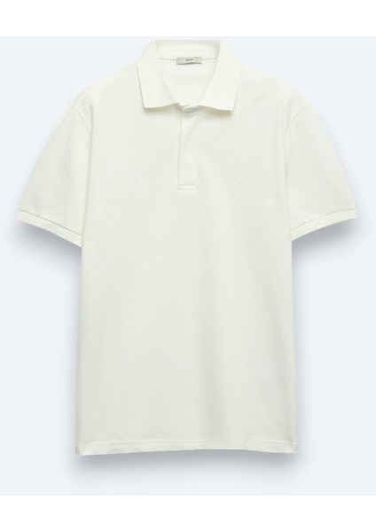 Kırık Beyaz Düz Polo Yaka %100 Pamuk T-Shirt