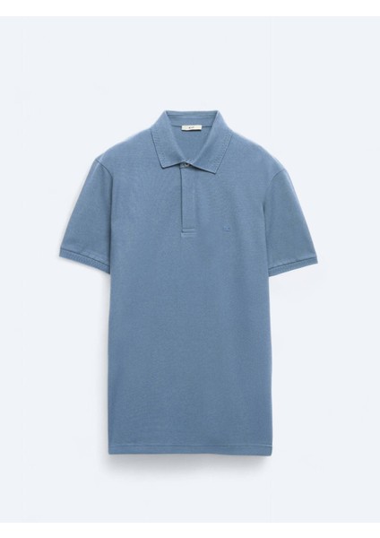 Havacı Mavi Düz Polo Yaka %100 Pamuk T-Shirt