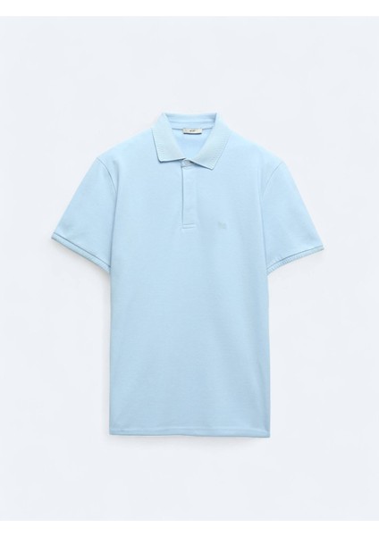 Mavi Düz Polo Yaka %100 Pamuk T-Shirt