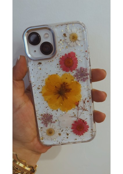 Iphone 13/14 Uyumlu Gerçek Kurutulmuş Çiçek Dizayn Krom Çerçeveli Şeffaf Telefon Kılıfı
