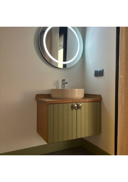 Asma 2 Kapaklı Lavabolu Ahşap-Mat Yeşil Mdf 60 cm Banyo Dolabı-Ledli Ayna