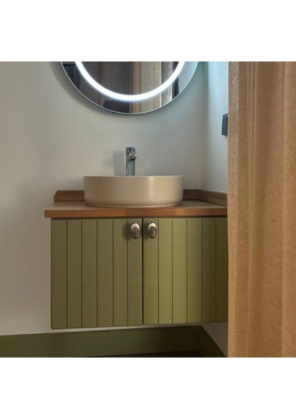 Asma 2 Kapaklı Lavabolu Ahşap-Mat Yeşil Mdf 60 cm Banyo Dolabı-Ledli Ayna