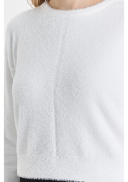 Kadın Bisiklet Yaka Sakallı Yumuşak Düz Triko Kazak Ekru