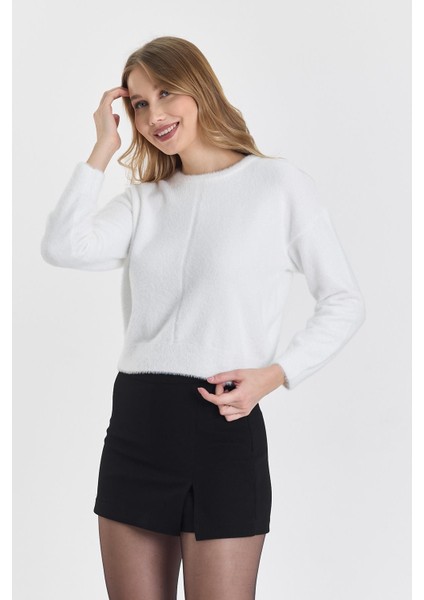 Kadın Bisiklet Yaka Sakallı Yumuşak Düz Triko Kazak Ekru indirimleri