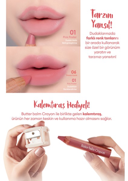 Kremsi, Kalem Şeklinde Renkli Dudak Balmı & Kalemtıraş CLIO Butter Balm Crayon 006 Breeze Apple