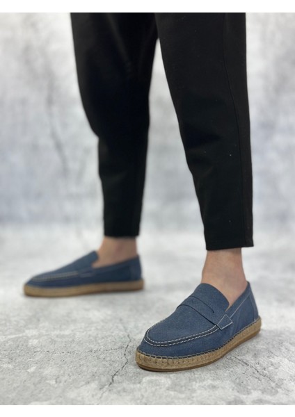 BA0359 Boa Doğal Deri Tozu Bağcıksız Kauçuk El Yapımı Espadril Taban Mavi Renk Erkek Ayakkabı