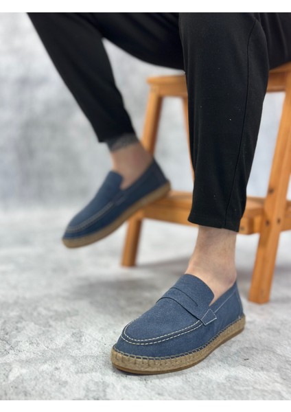 BA0358 Boa Doğal Deri Tozu Bağcıklı Kauçuk El Yapımı Espadril Taban Mavi Renk Erkek Ayakkabı