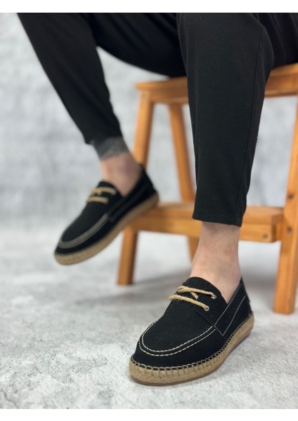 BA0358 Boa Doğal Deri Tozu Bağcıklı Kauçuk El Yapımı Espadril Taban Siyah Renk Erkek Ayakkabı