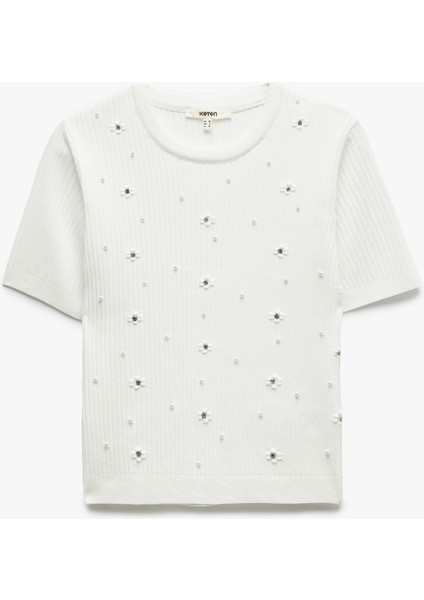 Bisiklet Yaka Kısa Kollu Çiçekli Taşlı Triko Kazak modelleri