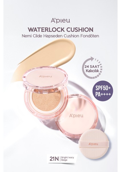 24 Saat Kalıcı Esans İçeren Nemlendirici Cushion A'PIEU Waterlock Cushion (21N) SPF50+/PA++++