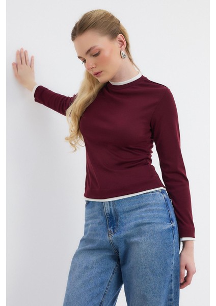 3011 Ribana Detay Uzun Kollu Bluz Bordo modelleri