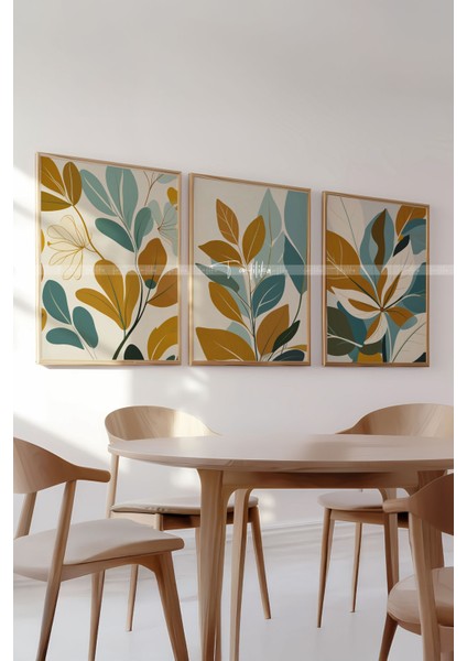 Minimalist Yaprak Desenli 3 Parçalı Ahşap Çerçeveli Tablo Seti