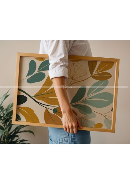 Minimalist Yaprak Desenli 3 Parçalı Ahşap Çerçeveli Tablo Seti