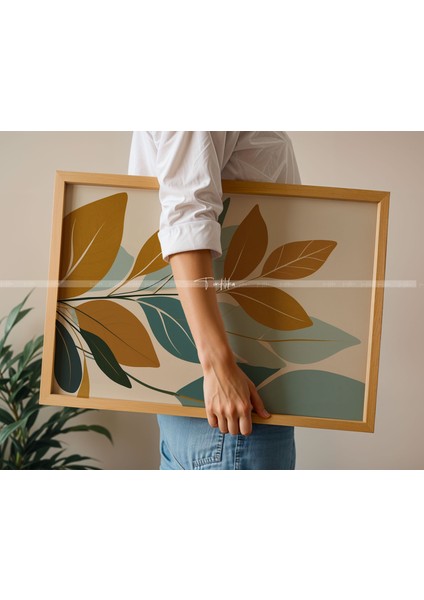 Minimalist Yaprak Desenli 3 Parçalı Ahşap Çerçeveli Tablo Seti