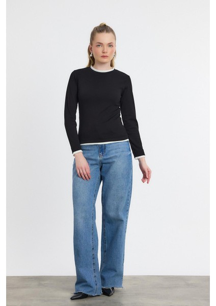 3011 Ribana Detay Uzun Kollu Bluz Siyah