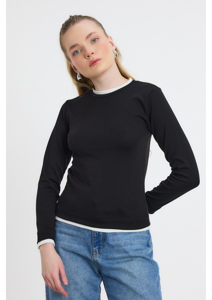 3011 Ribana Detay Uzun Kollu Bluz Siyah modelleri