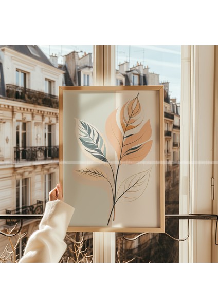 Minimalist Yapraklar 3 Parçalı Ahşap Çerçeveli Tablo Seti