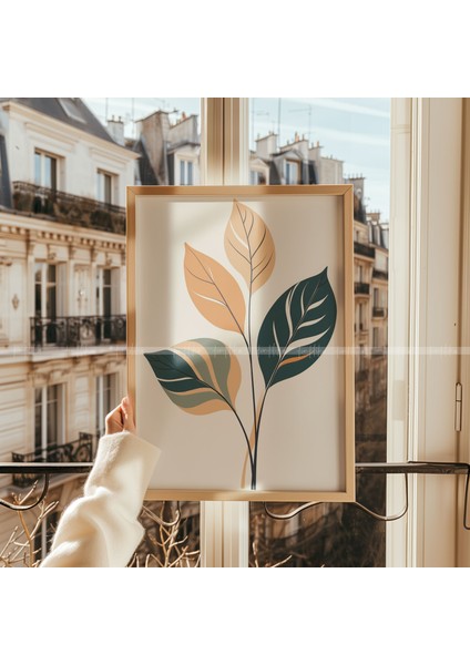 Minimalist Yapraklar 3 Parçalı Ahşap Çerçeveli Tablo Seti