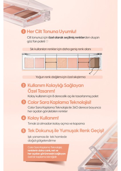 Pigmentli, 5 Farklı Dokulu Far Paleti PERIPERA All Take Mood Palette 001 Whisper Of Spring Coral