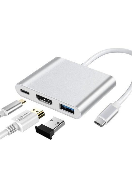 CF01 Macbook Uyumlu 4K Full HD 1080p Type C To 3 Portlu HDMI - USB 3.0 - PD Çevirici Hub Adaptör