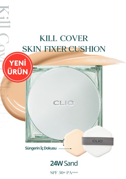 Gün Boyu Kalıcı Mat Cushion Fondöten CLIO Kill Cover Skin Fixer Cushion (24W Sand) SPF50+ PA+++