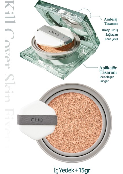 Gün Boyu Kalıcı Mat Cushion Fondöten CLIO Kill Cover Skin Fixer Cushion (24W Sand) SPF50+ PA+++