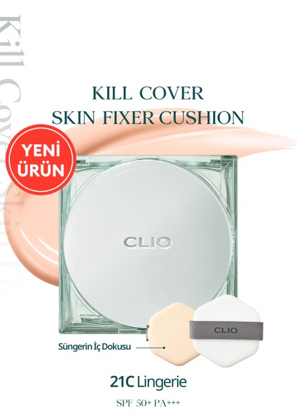 Gün Boyu Kalıcı Mat Cushion Fondöten CLIO Kill Cover Skin Fixer Cushion (21C Lingerie) SPF50+ PA+++